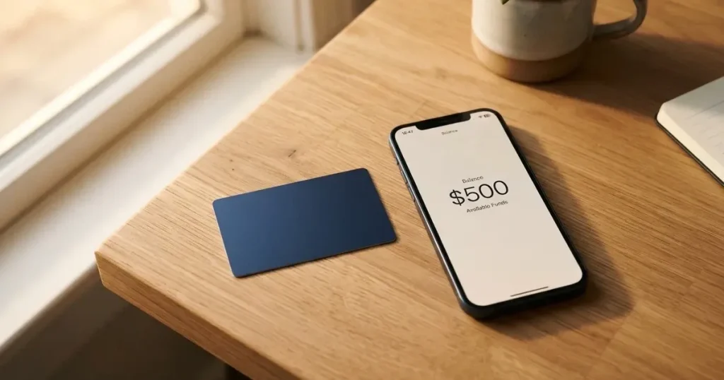 A payment card next to a phone with a crypto wallet app open