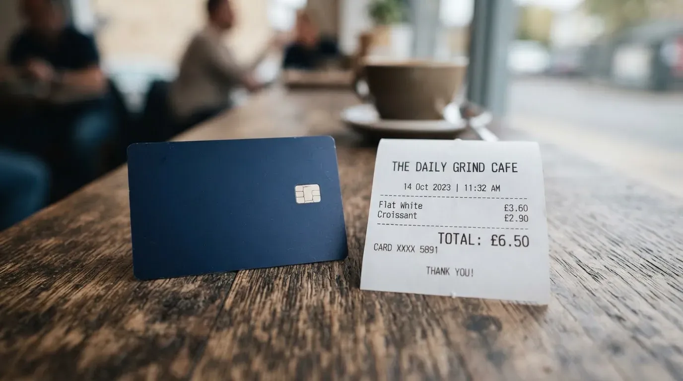 A receipt and a card on a café table