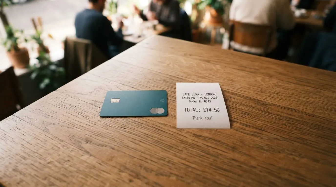 A receipt and a card on a café table