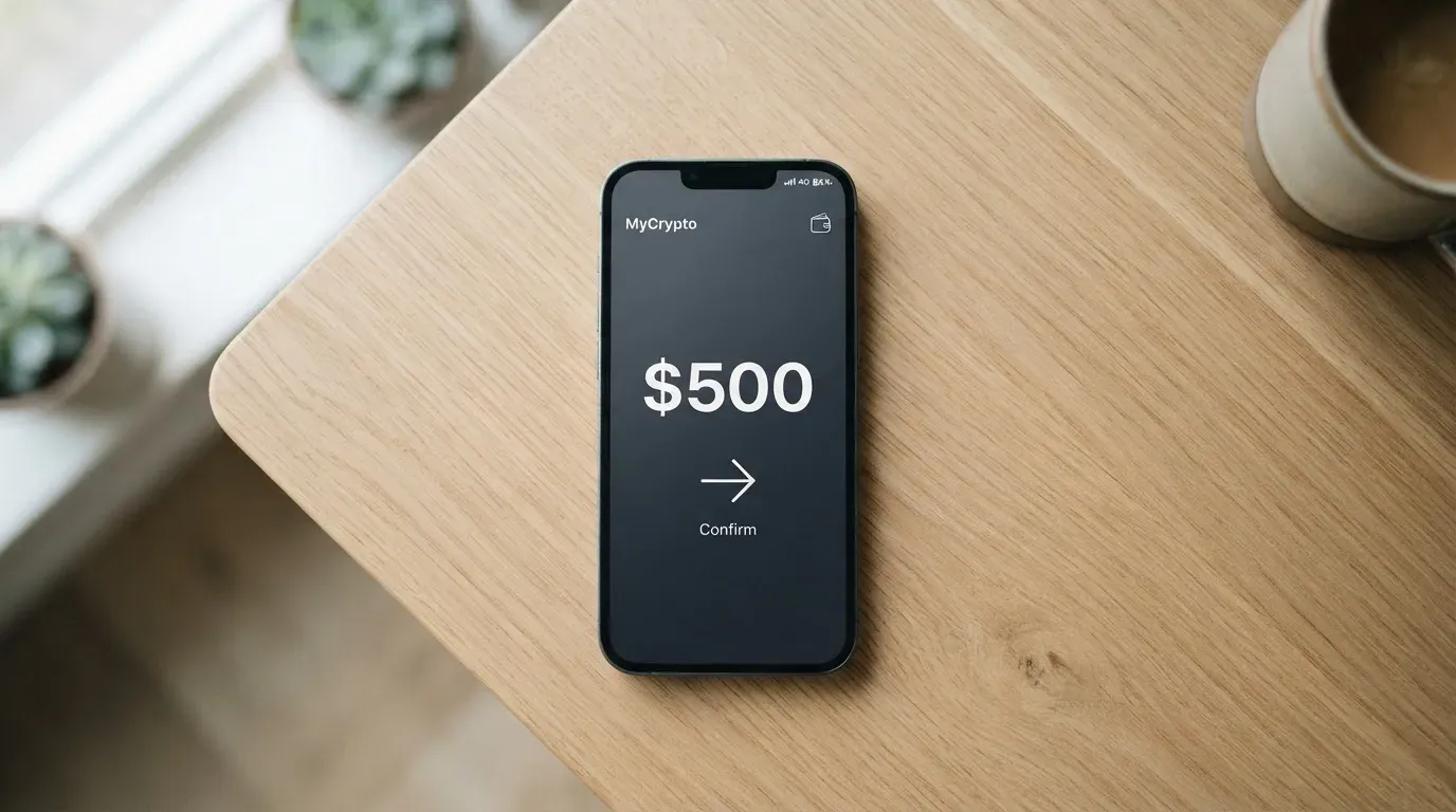 A phone showing a stablecoin transfer screen