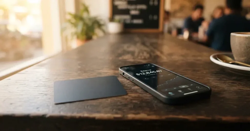 A payment card next to a phone with a crypto wallet app open