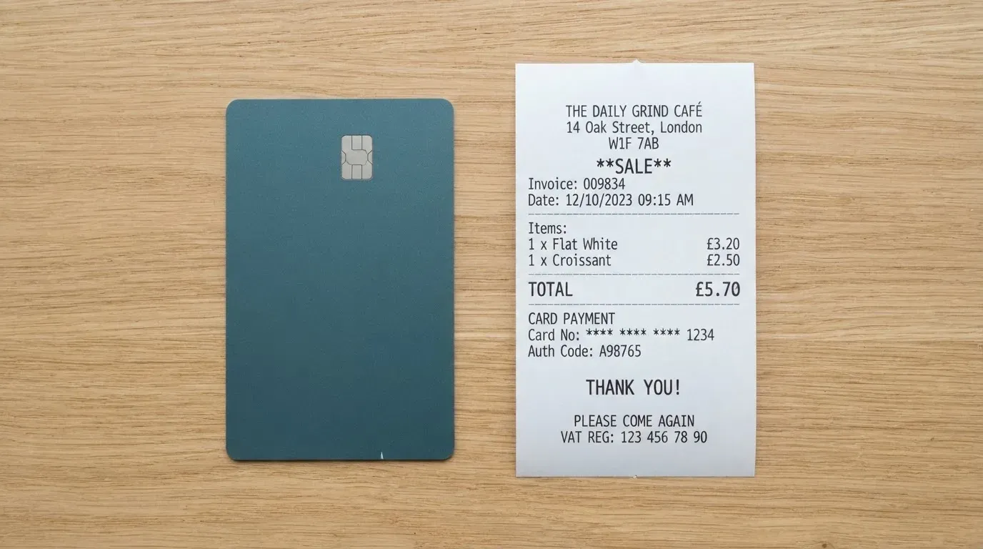 A receipt and a card on a café table