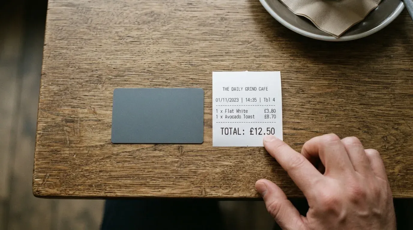 A receipt and a card on a café table