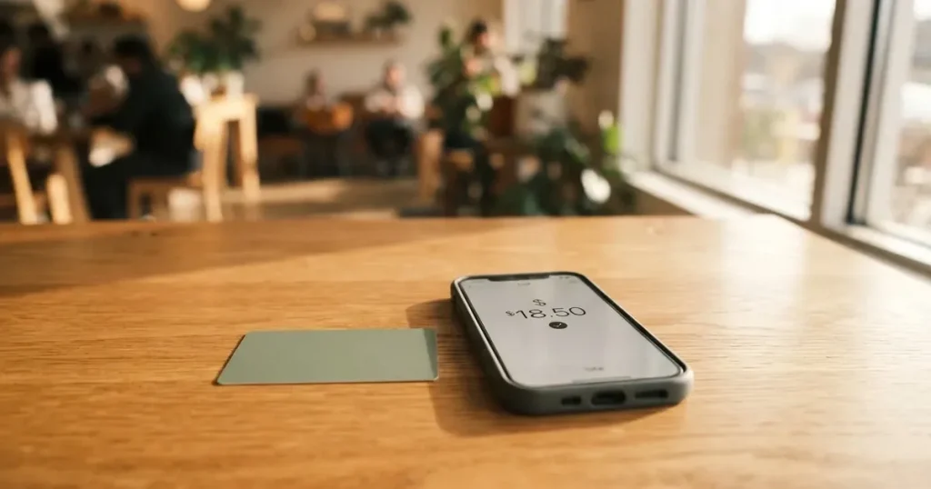 A payment card next to a phone with a crypto wallet app open