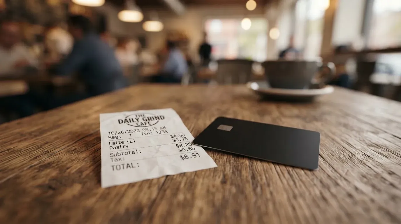 A receipt and a card on a café table