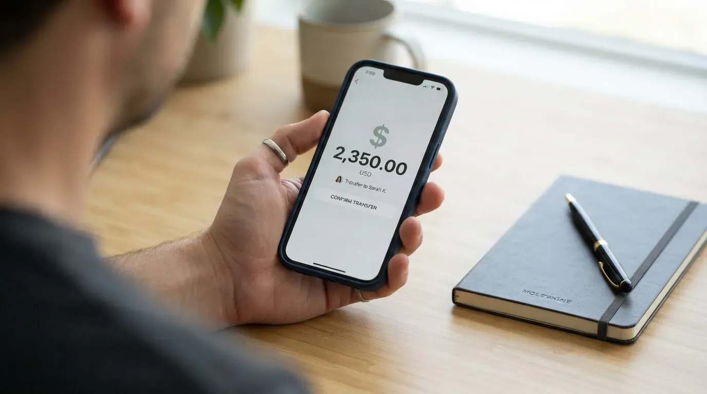 A phone showing a stablecoin transfer screen
