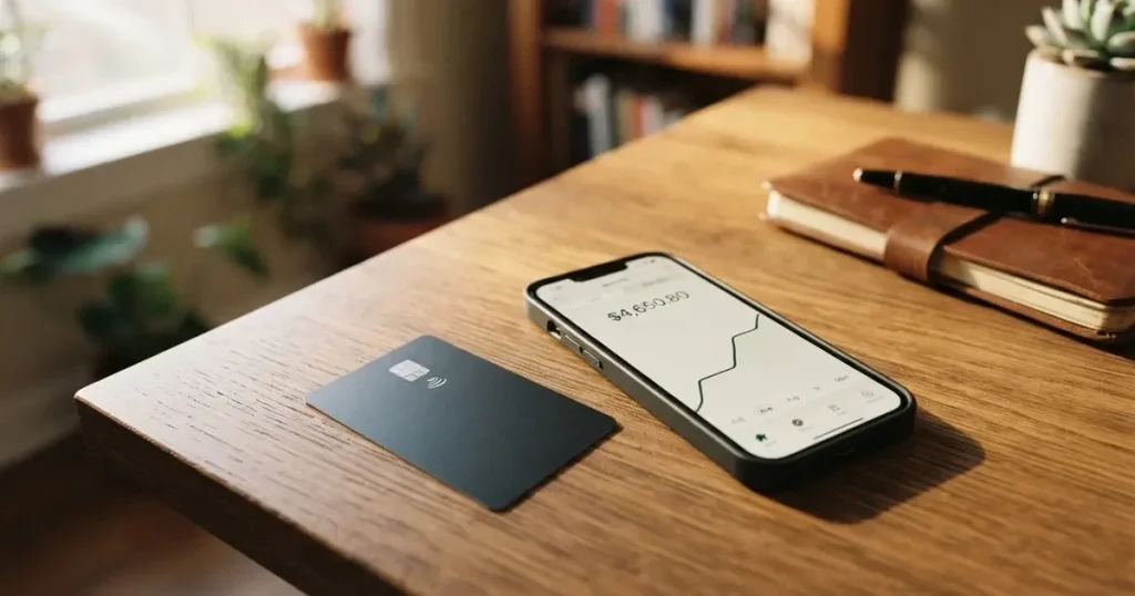 A payment card next to a phone with a crypto wallet app open