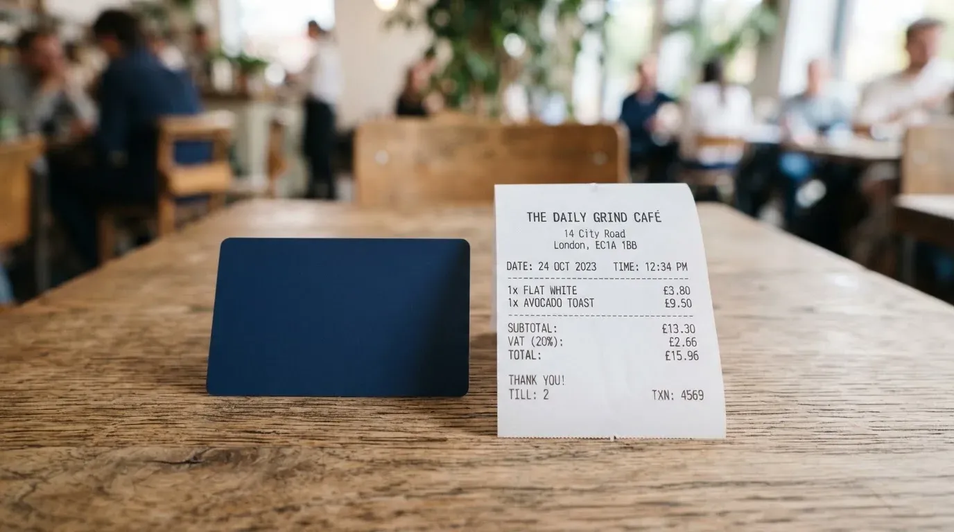 A receipt and a card on a café table