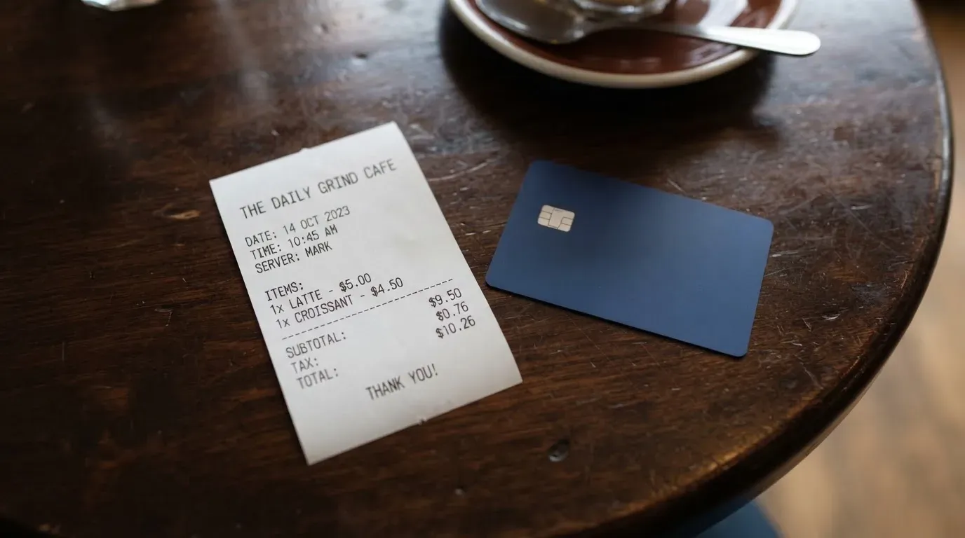 A receipt and a card on a café table