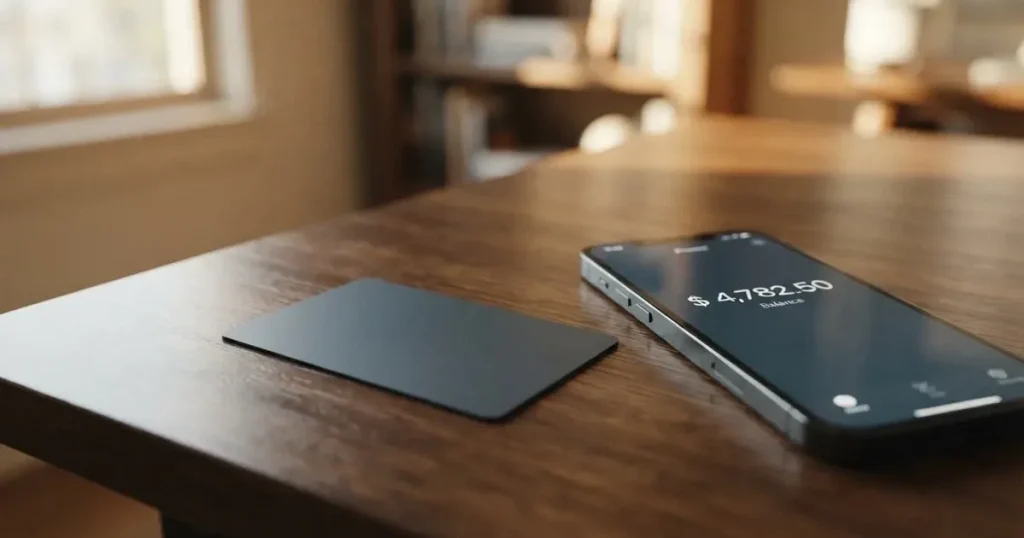 A payment card next to a phone with a crypto wallet app open