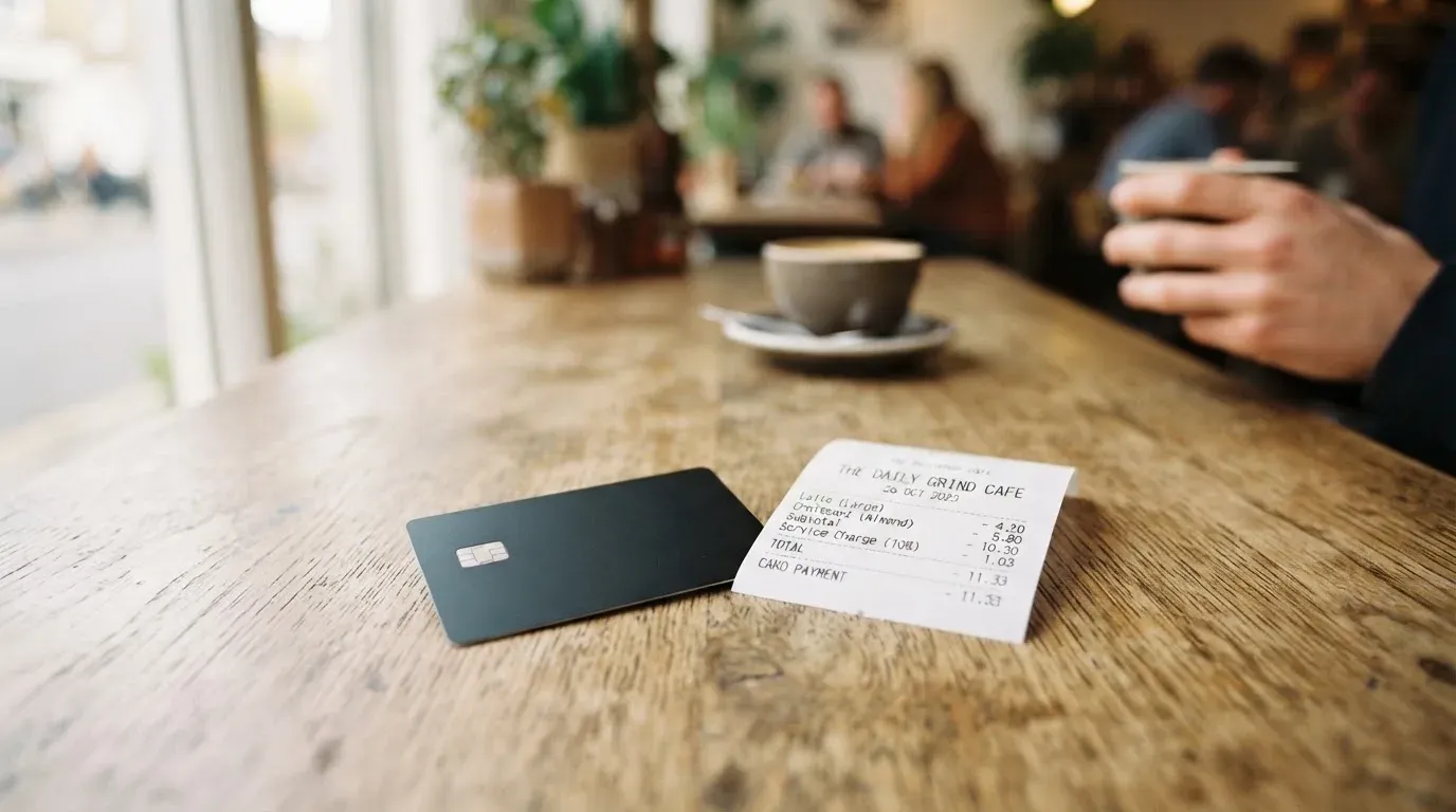 A receipt and a card on a café table