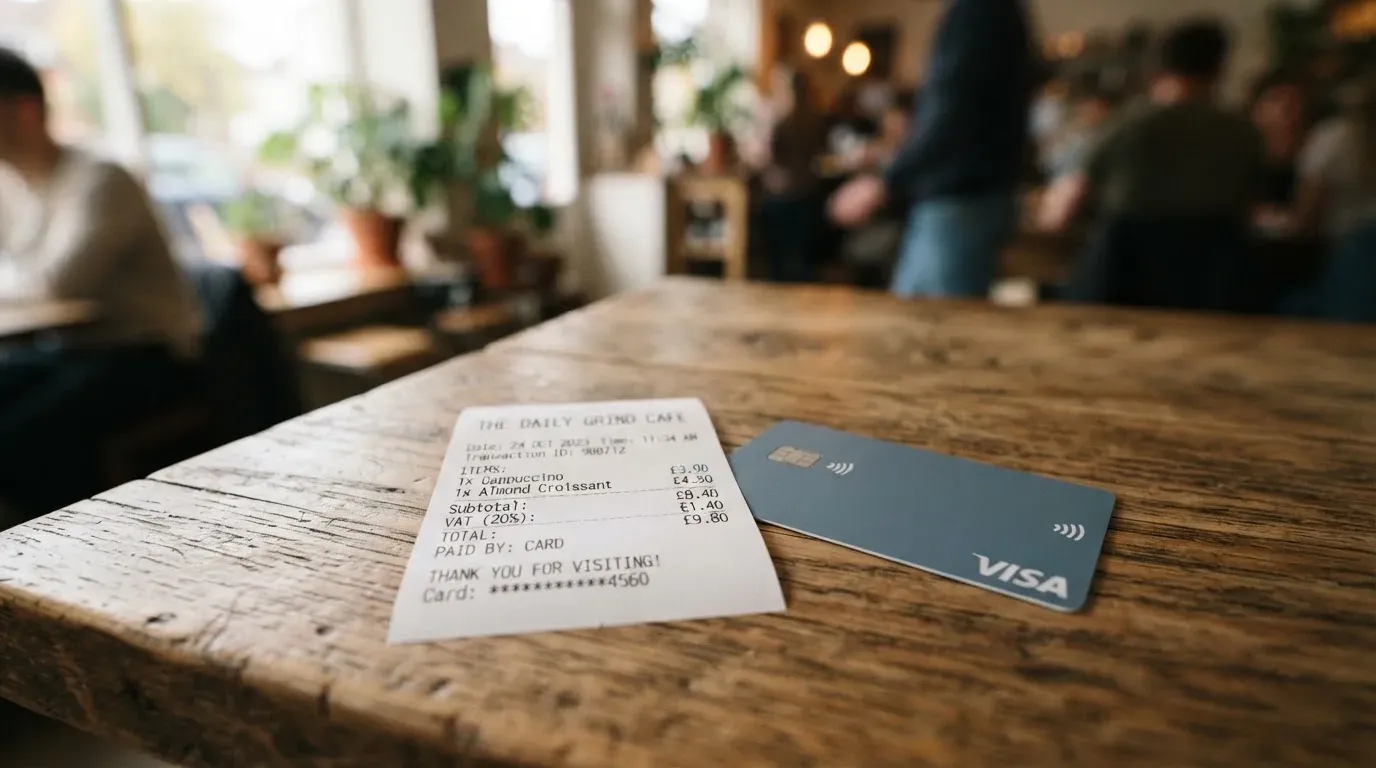 A receipt and a card on a café table